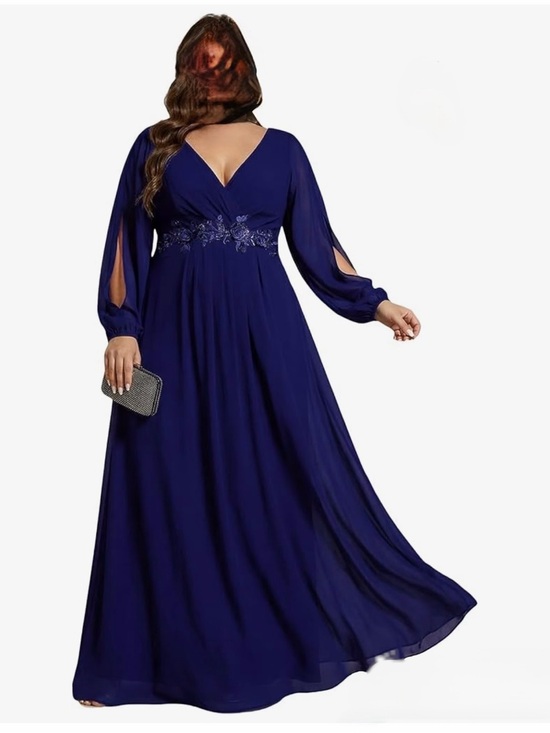 Dresses & Skirts - Plus Size Navy V-Neck Evening Gown with Embellished Waist